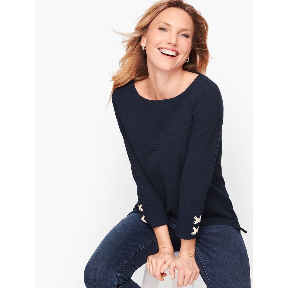 Talbots Top Large Navy Blue Cozy Terry 3/4 Sleeve Cotton Blend Textured